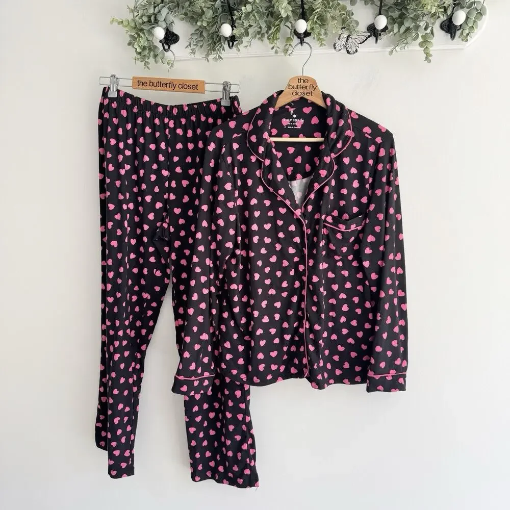 Kate Spade Black Pink Heart Pajama Set Large bedtime lounge comfy CP